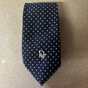 Vintage Christian Dior Navy White Polka Dot Preppy Office Workwear Tie